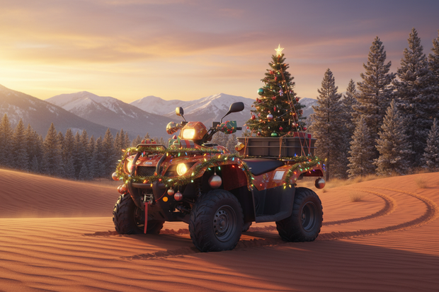 atv quad im wüste oder wald mit weinachten