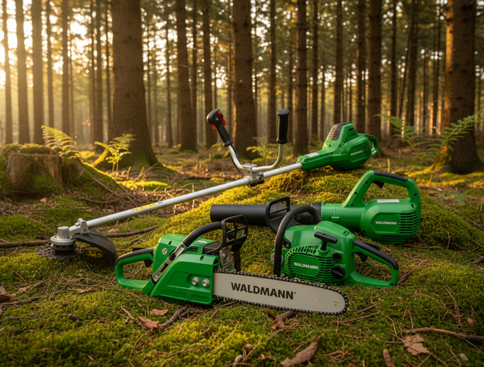 ein bild mir kettensäge laubgebäse freischneiderdie geräte in grün  im wald marke WALDMANN 