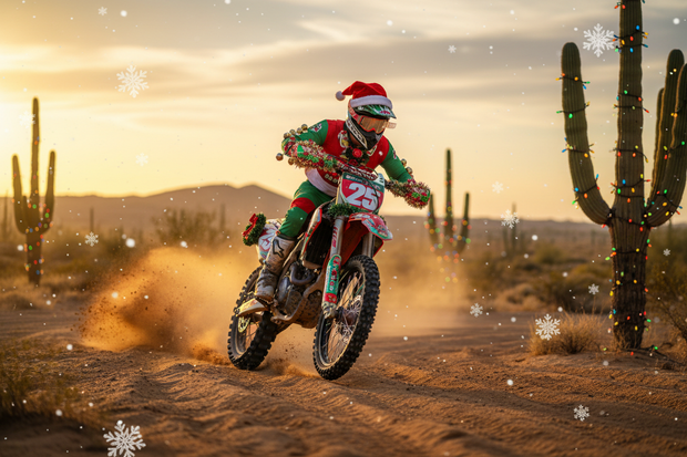 motorcross bike im wüste mit weihnachten style